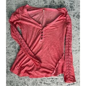 Free People Shell Stitch Henley Top Coral/Peach/Pink Long Sleeve Large